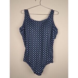 Lands End Tugless Tank One Piece Swimsuit Size 20 Plus Mandala Navy Molded Cup